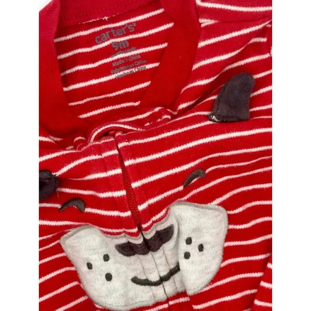 Carter's Puppy Zip-Up Size 9 Month Dog Red White Footies (807)